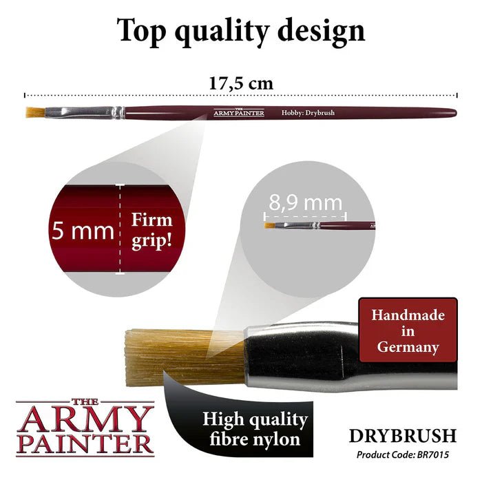 The Army Painter Hobby Brush: Drybrush with flat topped coarse bristles, round handle for flexible grip, and firm design for effective drybrushing technique.