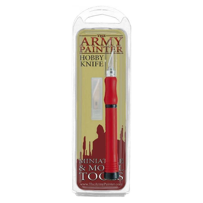 The Army Painter Hobby Knife with sharp blade and rubber-coated handle in packaging.