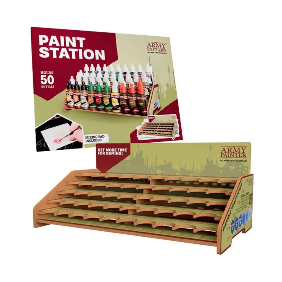 The Army Painter Paint Station with 50-bottle capacity, brush storage, and free mixing pad.