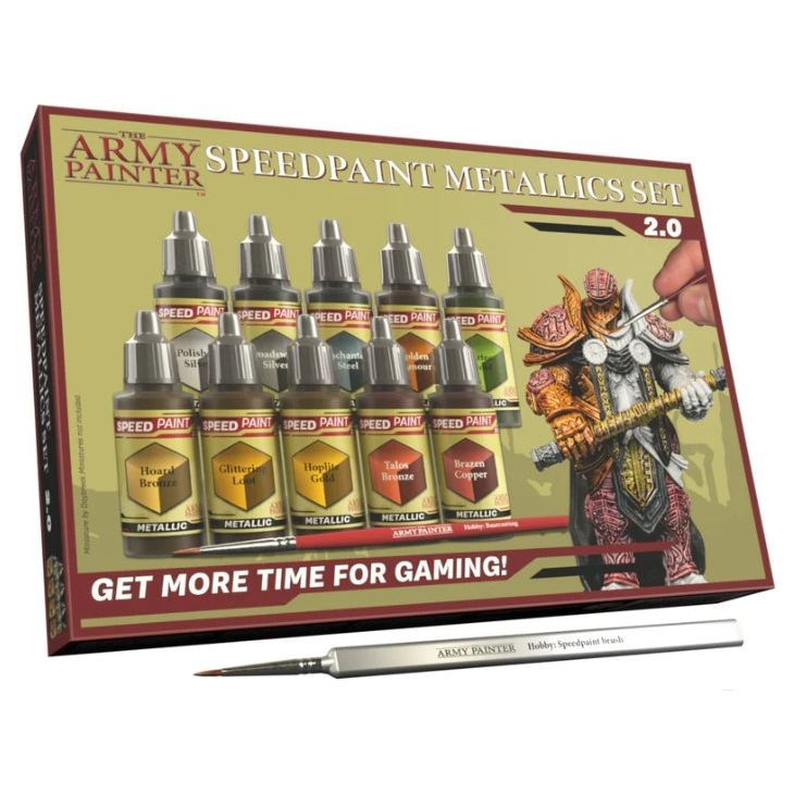 The Army Painter Speedpaint Metallics Set 2.0 with brush and guide for miniature painting.
