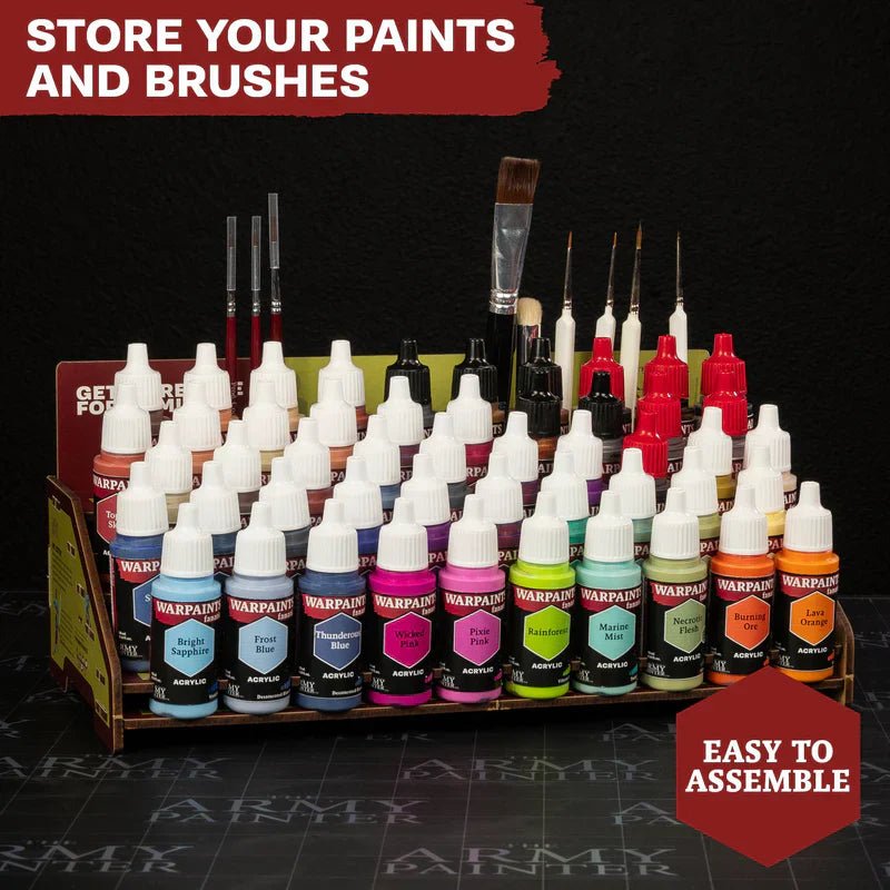 Warpaints Fanatic Mega Set paint collection with brushes in a storage station, easy to assemble.