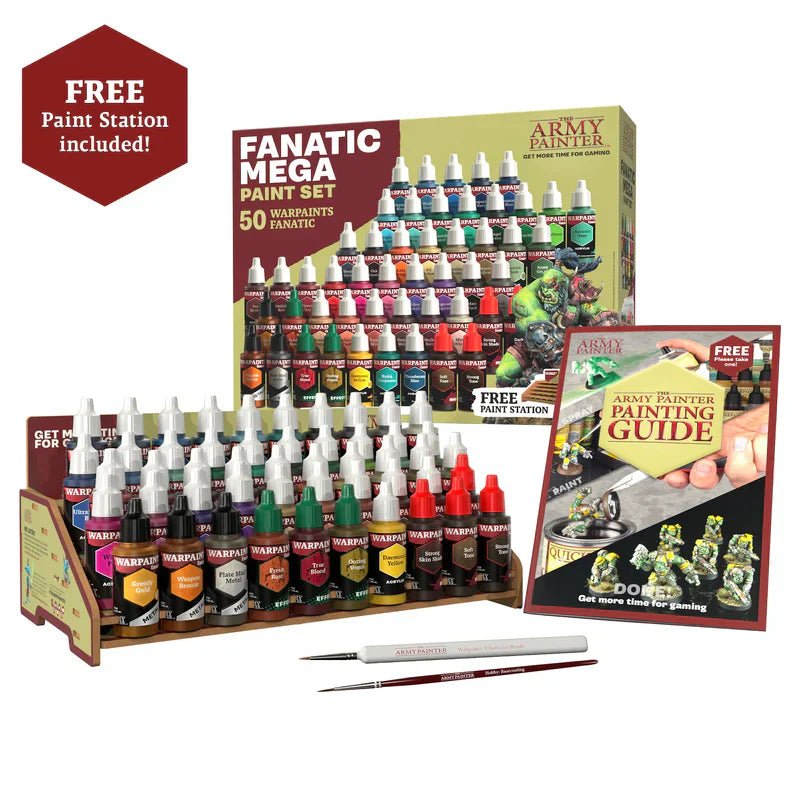 The Army Painter Warpaints Fanatic Mega Set with 50 acrylic paints, brushes, and free paint station included.