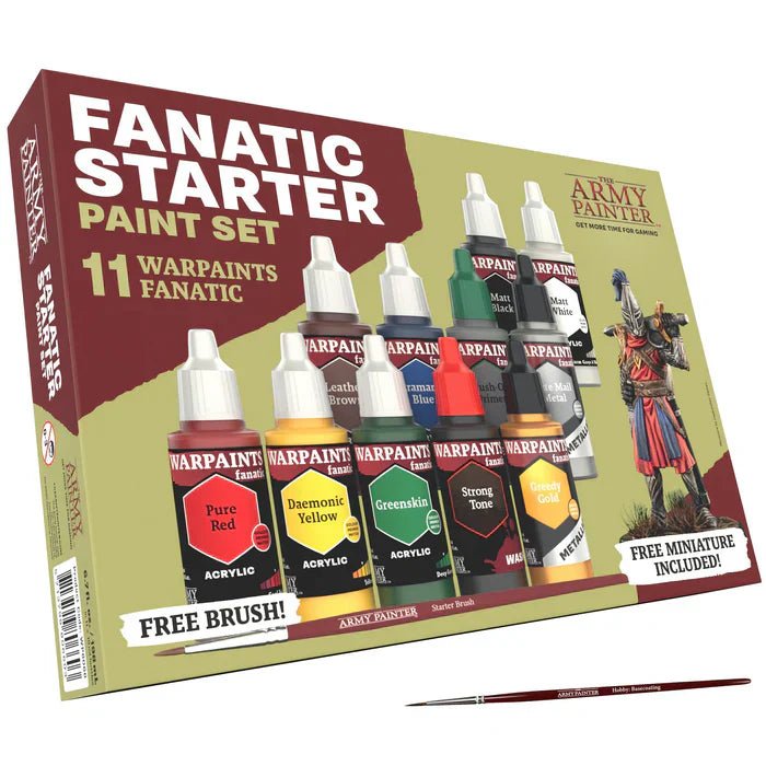 The Army Painter Warpaints Fanatic Starter Set with 11 paints, free miniature, painting guide, and brushes.