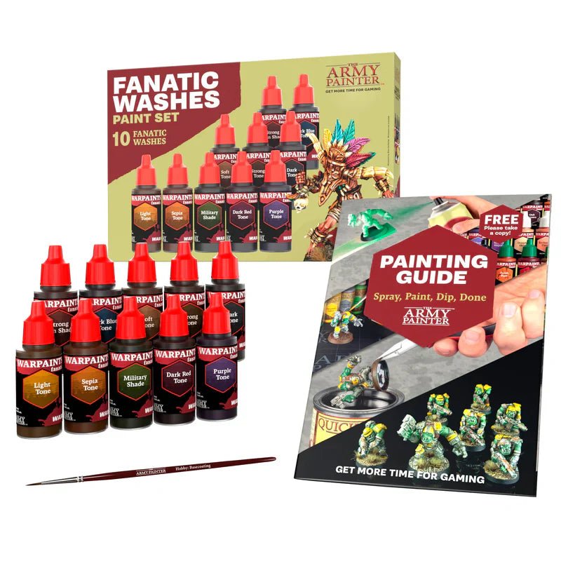 The Army Painter Warpaints Fanatic Washes Paint Set with brush and guide.