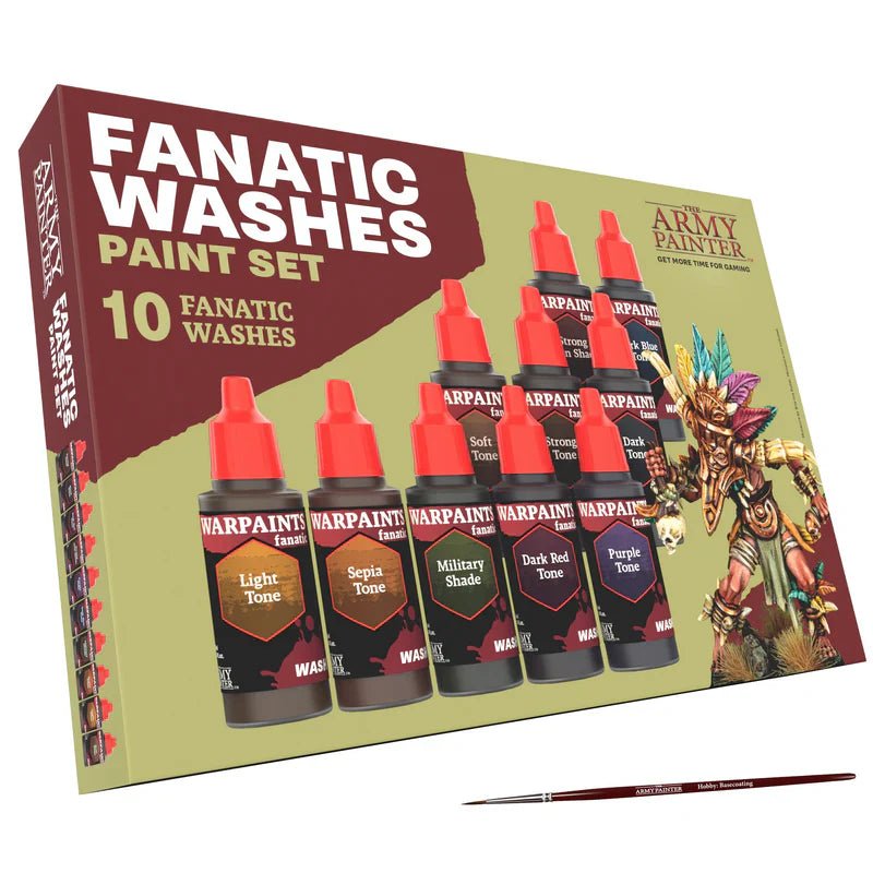 The Army Painter Warpaints Fanatic Washes Paint Set with 10 vibrant tones and a basecoating brush.