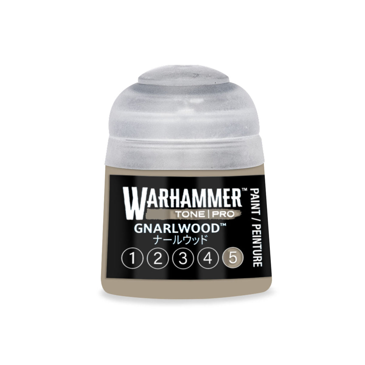 Citadel Colour Gnarlwood 5 Warhammer Tone Pro miniature paint in 12ml bottle, featuring earthy brown shade for model detailing.