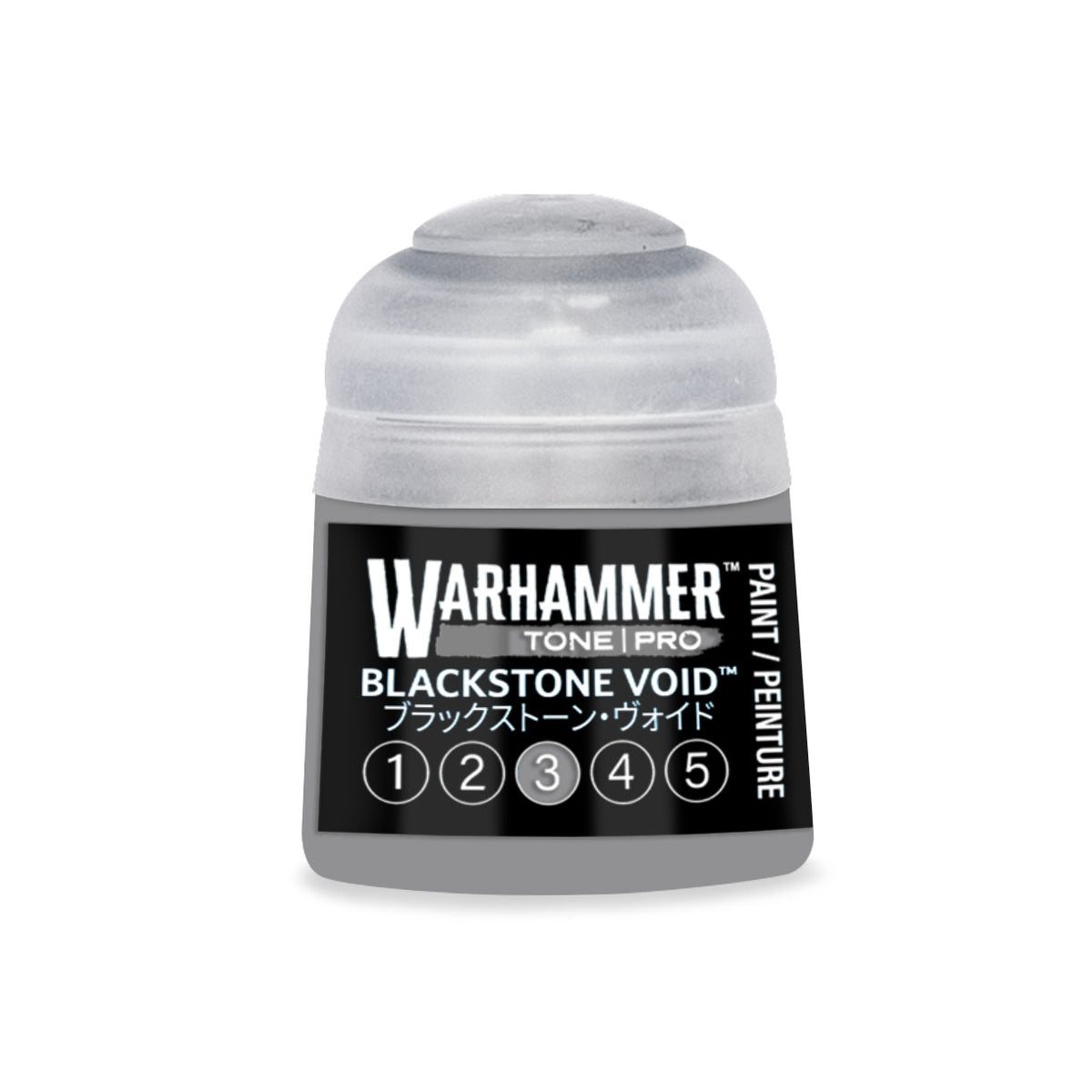 Blackstone Void 3 Warhammer Tone Pro miniature paint by Citadel Colour in a 12ml bottle, featuring dark, muted tone for miniatures.