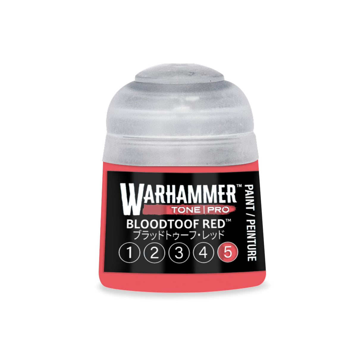 Citadel Colour Bloodtoof Red 5 Warhammer Tone Pro miniature paint in 12ml bottle, featuring vibrant red tone for miniature detailing.