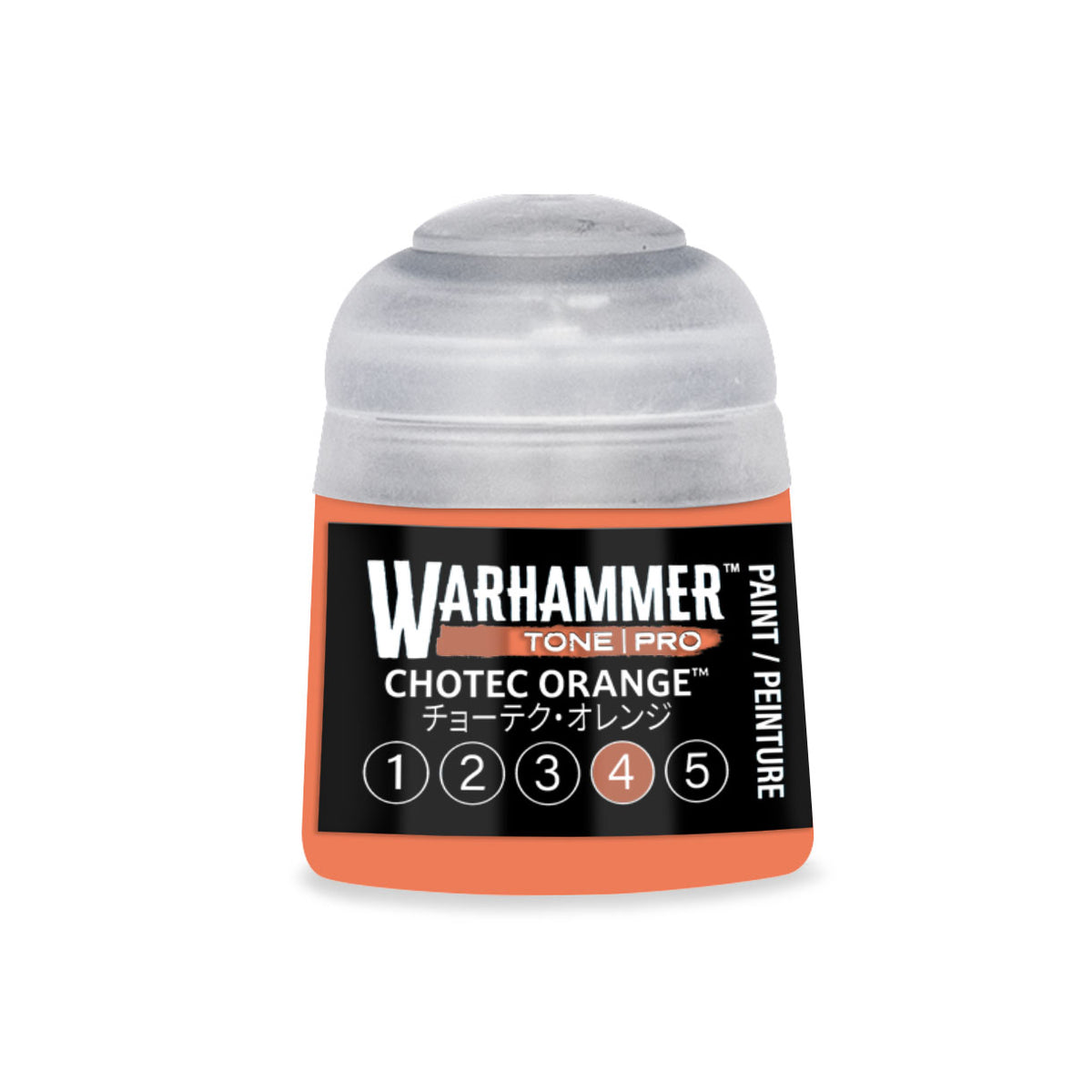 Citadel Colour Chotec Orange 4 Warhammer Tone Pro miniature paint in 12ml bottle, featuring bright orange hue for model detailing.