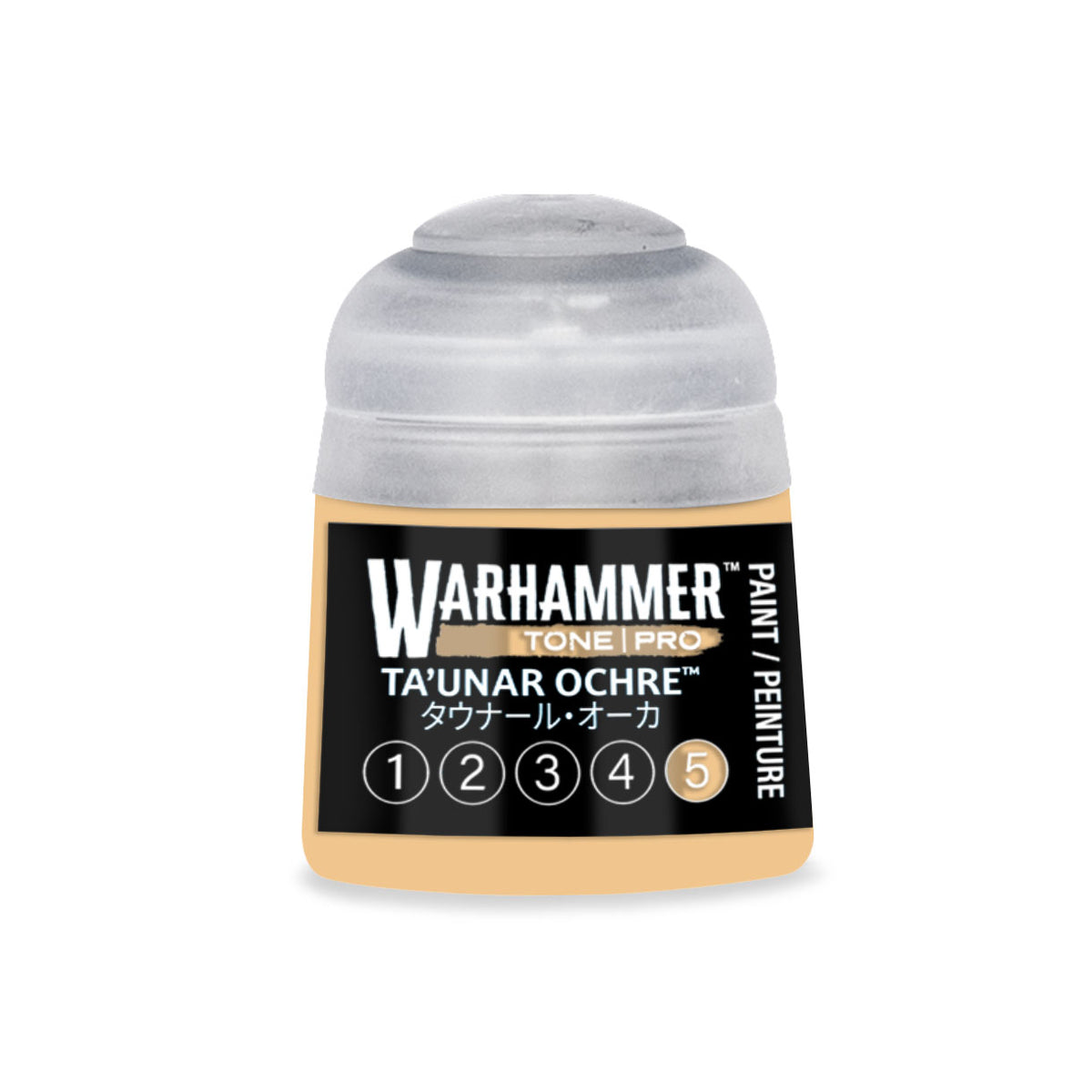 Citadel Colour Ta'unar Ochre 5 Warhammer Tone Pro miniature paint bottle with 12ml of yellowish ochre shade.