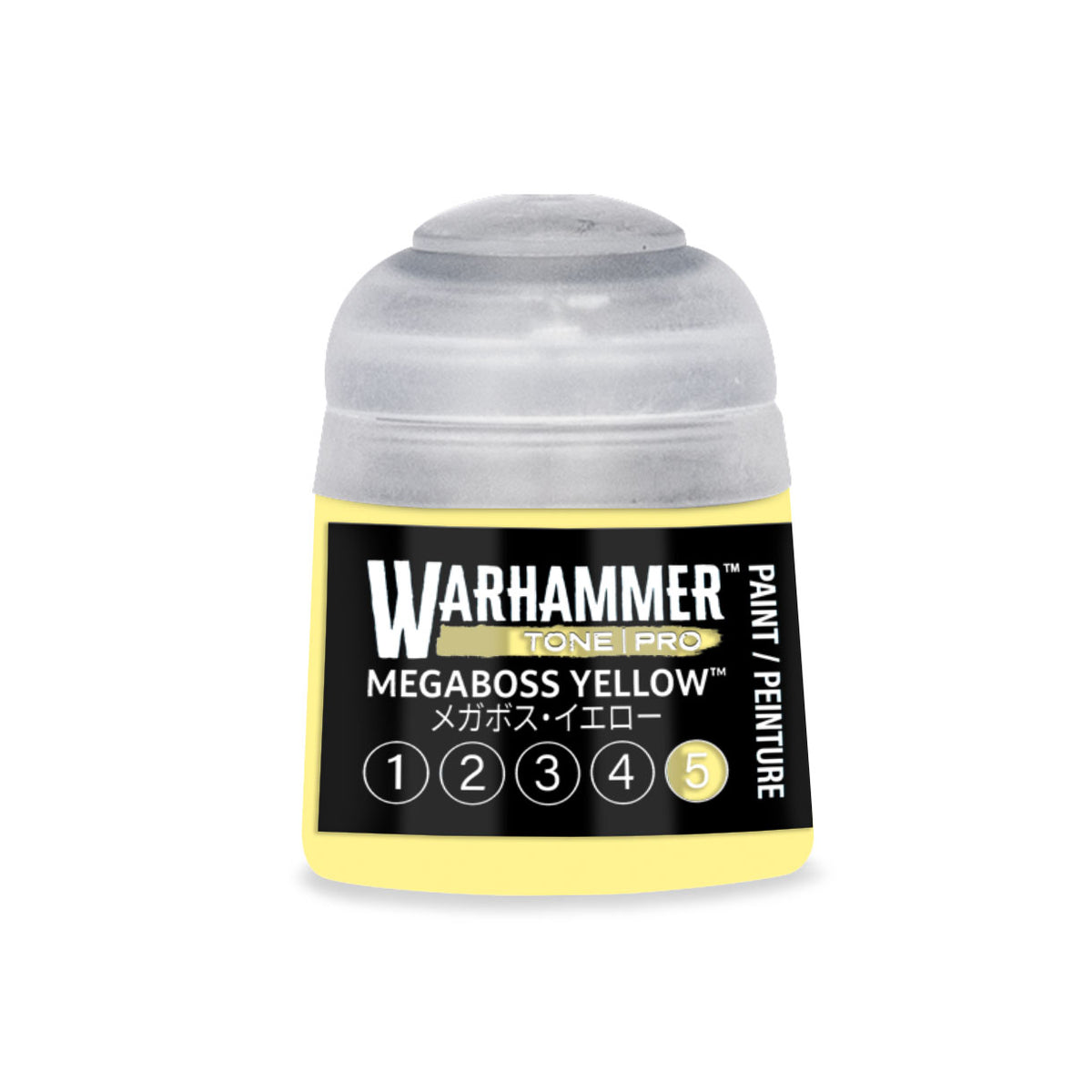 Yellow Warhammer Tone Pro miniature paint bottle from Citadel Colour, 12ml, with label showing product details.
