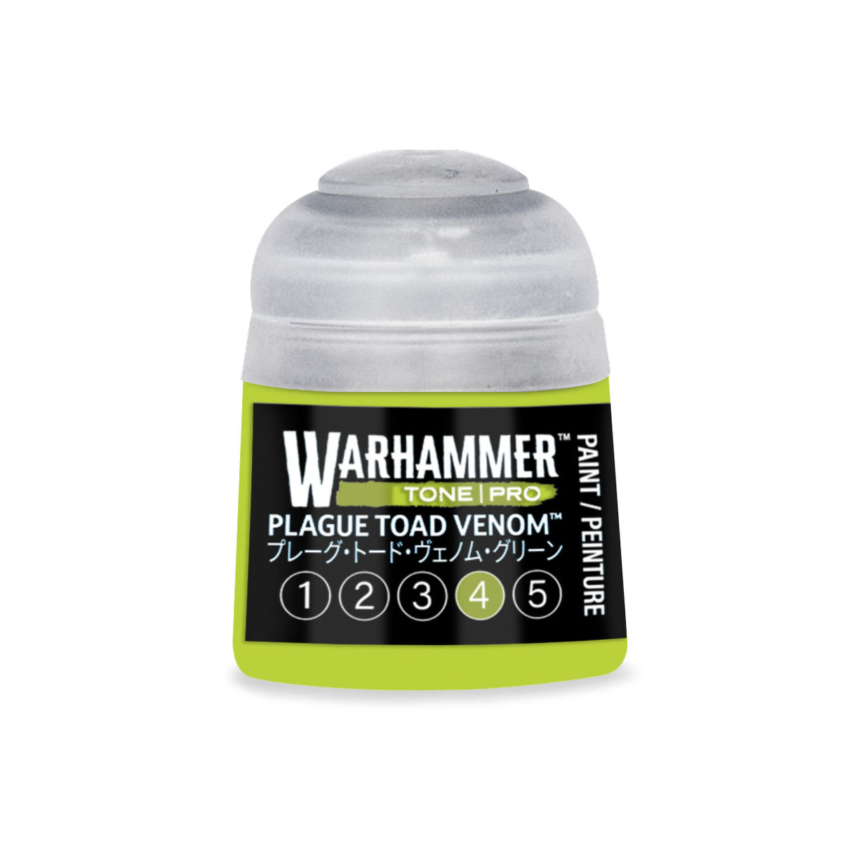 Citadel Colour Plague Toad Venom 4 Warhammer Tone Pro miniature paint bottle, 12ml, with label and cap visible.