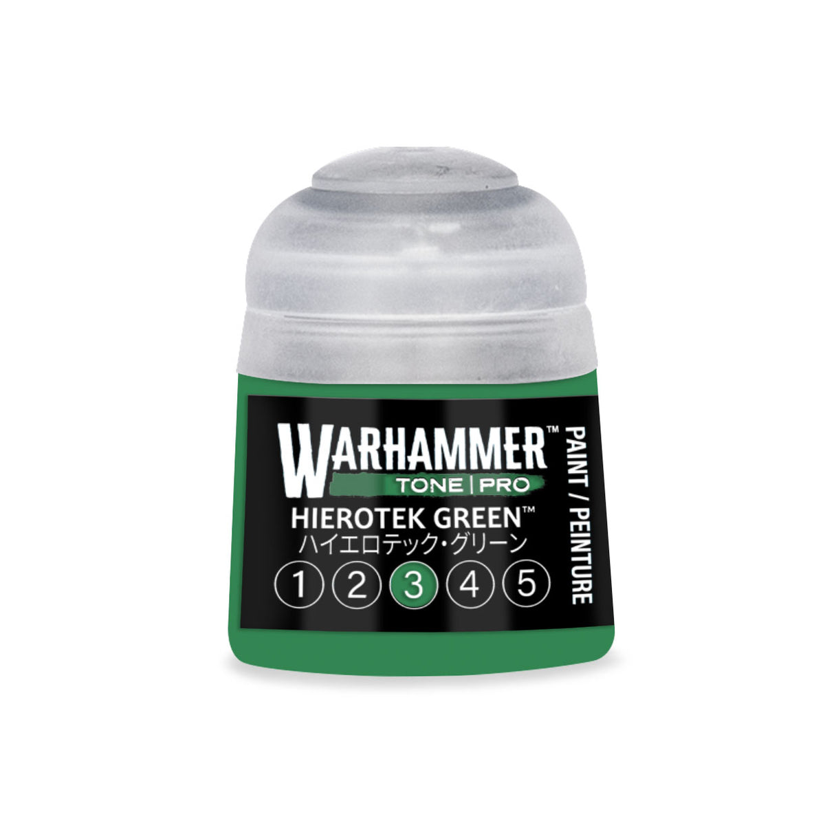 Green Warhammer Tone Pro miniature paint by Citadel Colour, 12ml bottle of Hierotek Green 3 for model detailing.