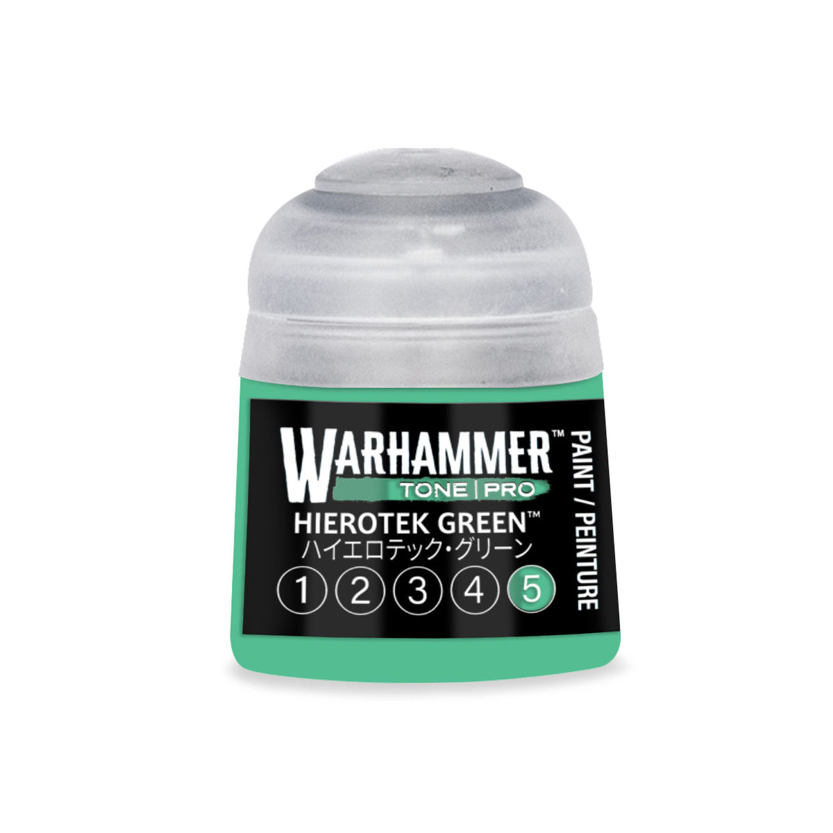 Green 5 Warhammer Tone Pro miniature paint by Citadel Colour in a 12ml bottle, ideal for detailed miniature painting projects.