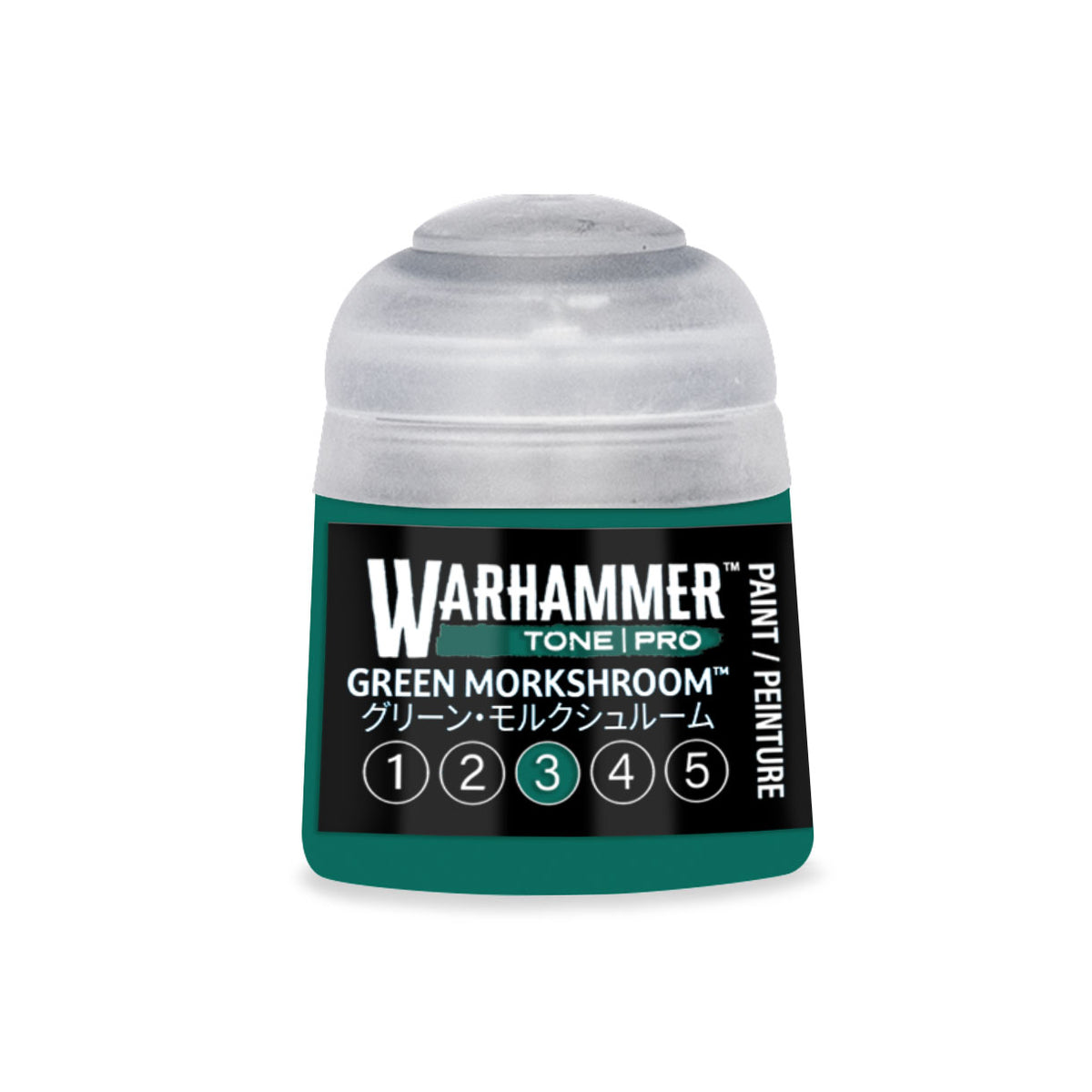 Green Morkshroom 3 Warhammer Tone Pro miniature paint by Citadel Colour, 12ml bottle, showing vibrant green paint for miniatures.