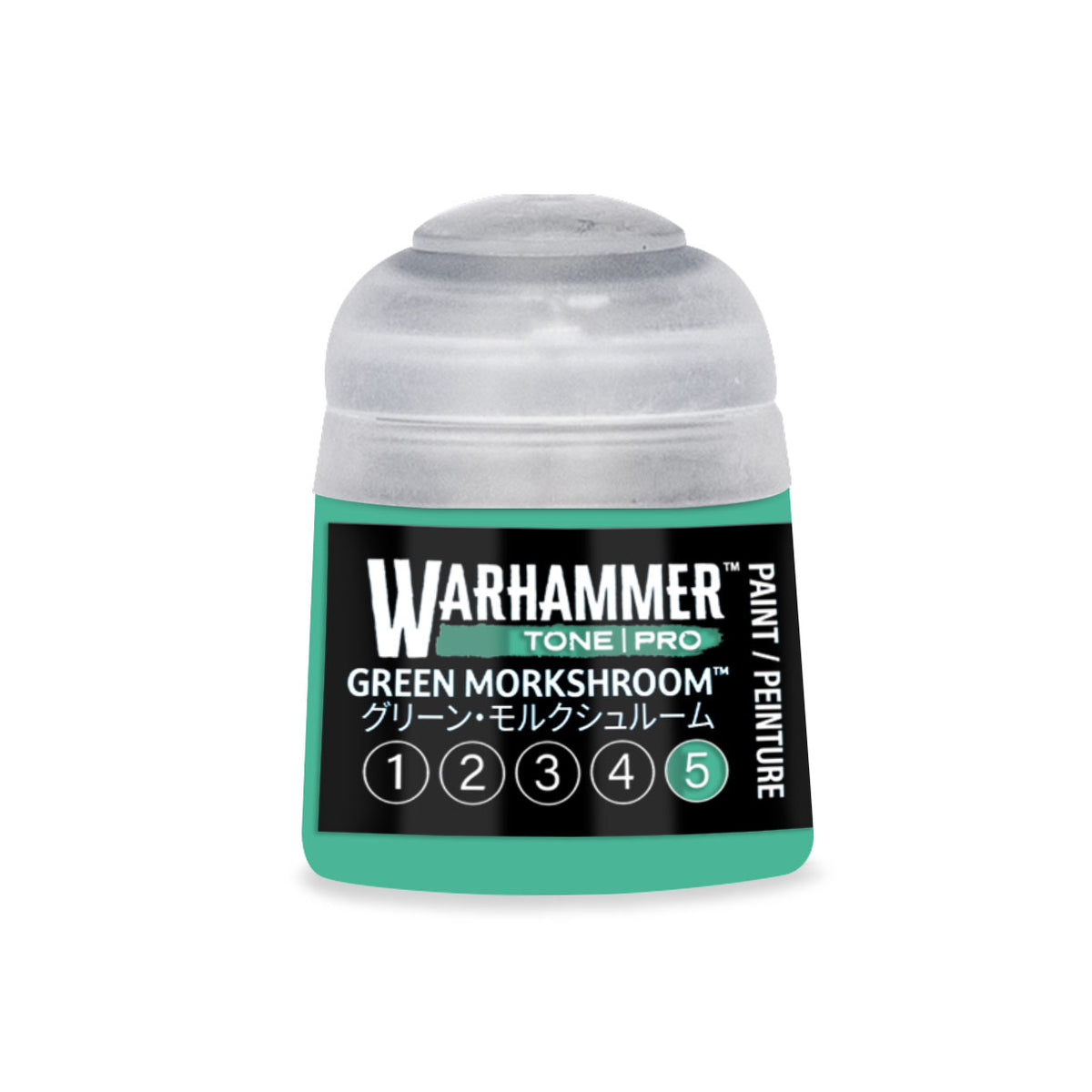 Green Morkshroom 5 Warhammer Tone Pro miniature paint by Citadel Colour, 12ml bottle of vibrant green tone for model detailing.