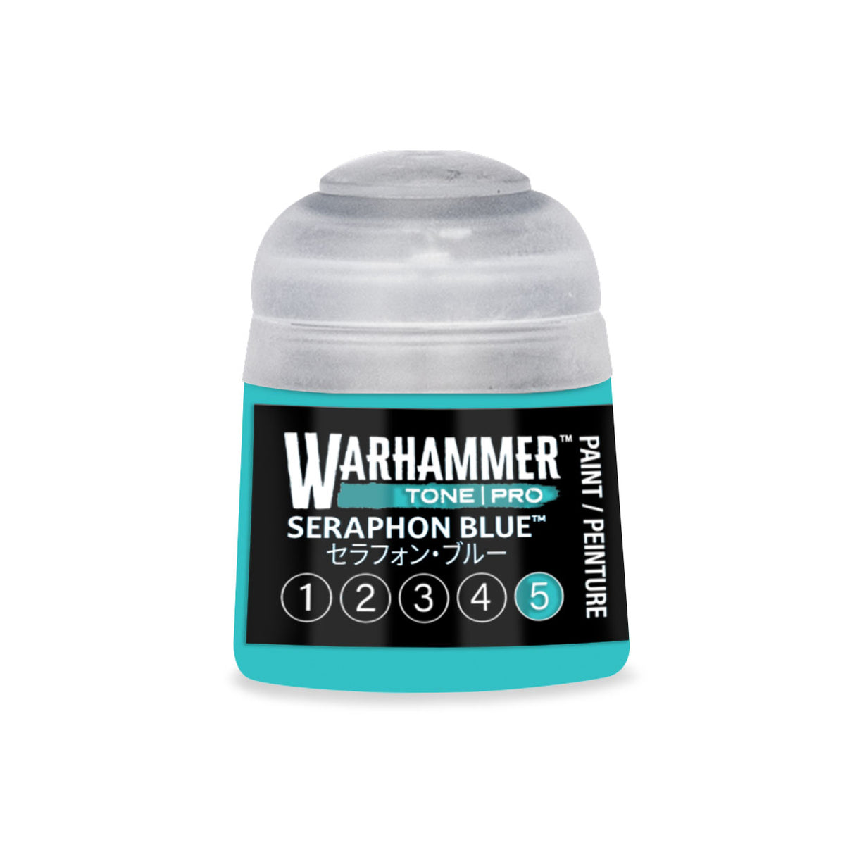 Citadel Colour Seraphon Blue 5 Warhammer Tone Pro miniature paint bottle, 12ml, with blue label and cap.
