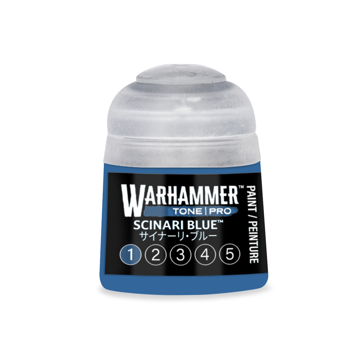 Blue Warhammer Tone Pro miniature paint bottle by Citadel Colour, 12ml, with label showing product details and branding.