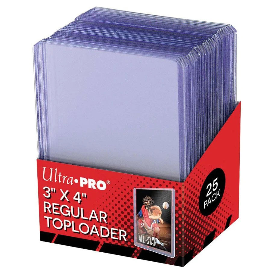 Ultra Pro 3x4 toploader for trading cards, clear plastic protective holder, designed to safeguard collectible cards.
