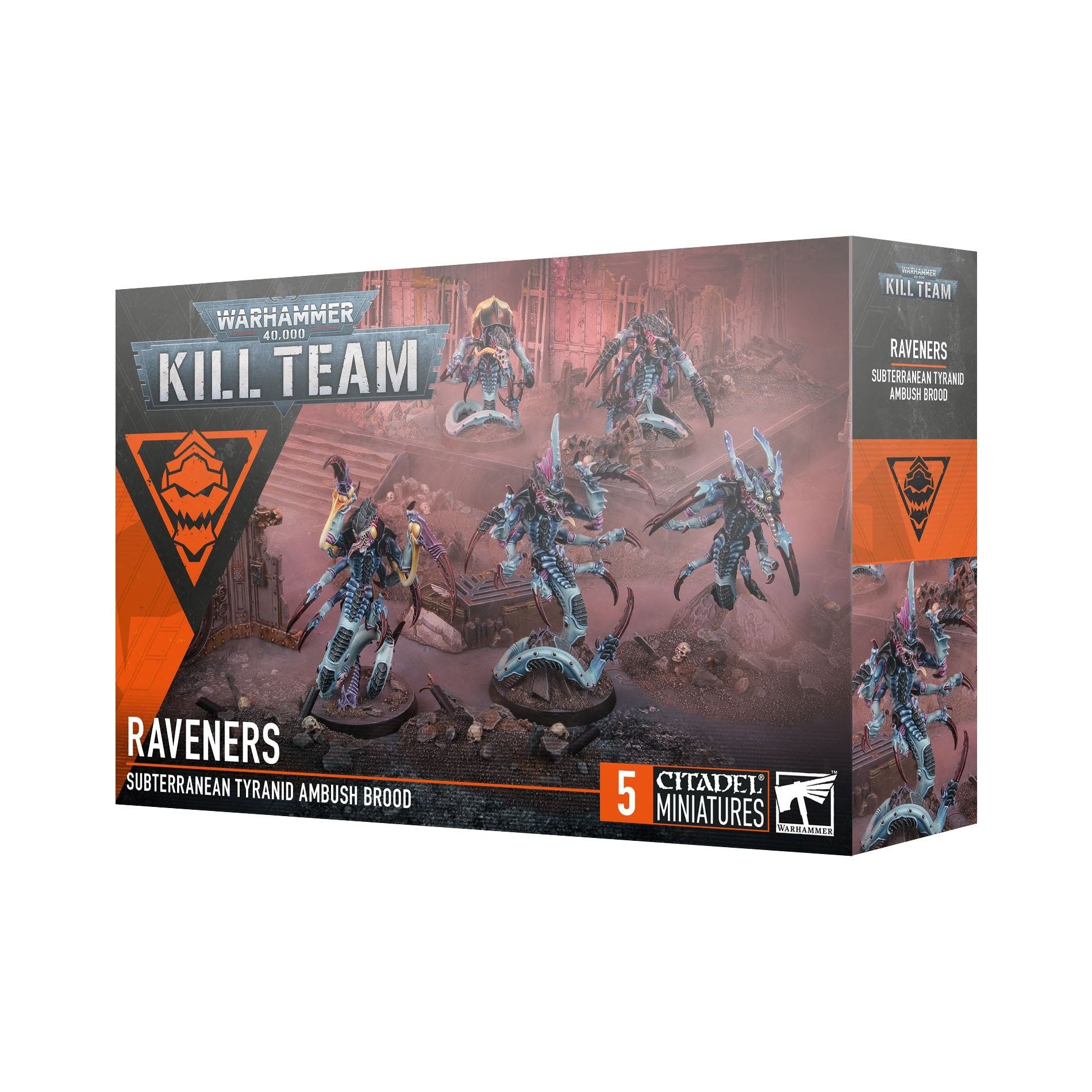 Box of Warhammer 40,000 Kill Team Raveners miniatures on a white background