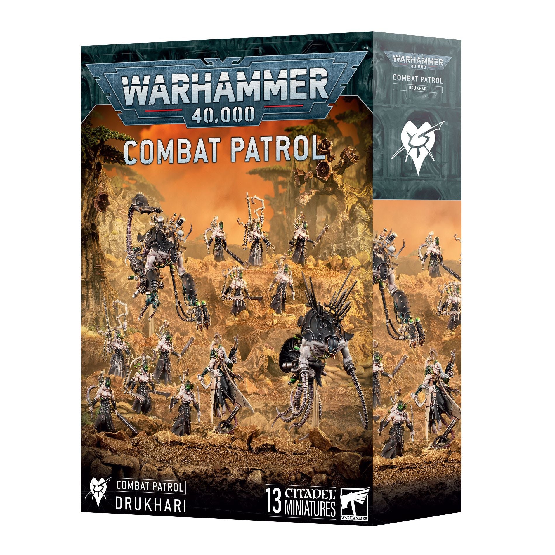 Detailed image of a Drukhari combat patrol miniature set from Games Workshop's Warhammer 40K universe.