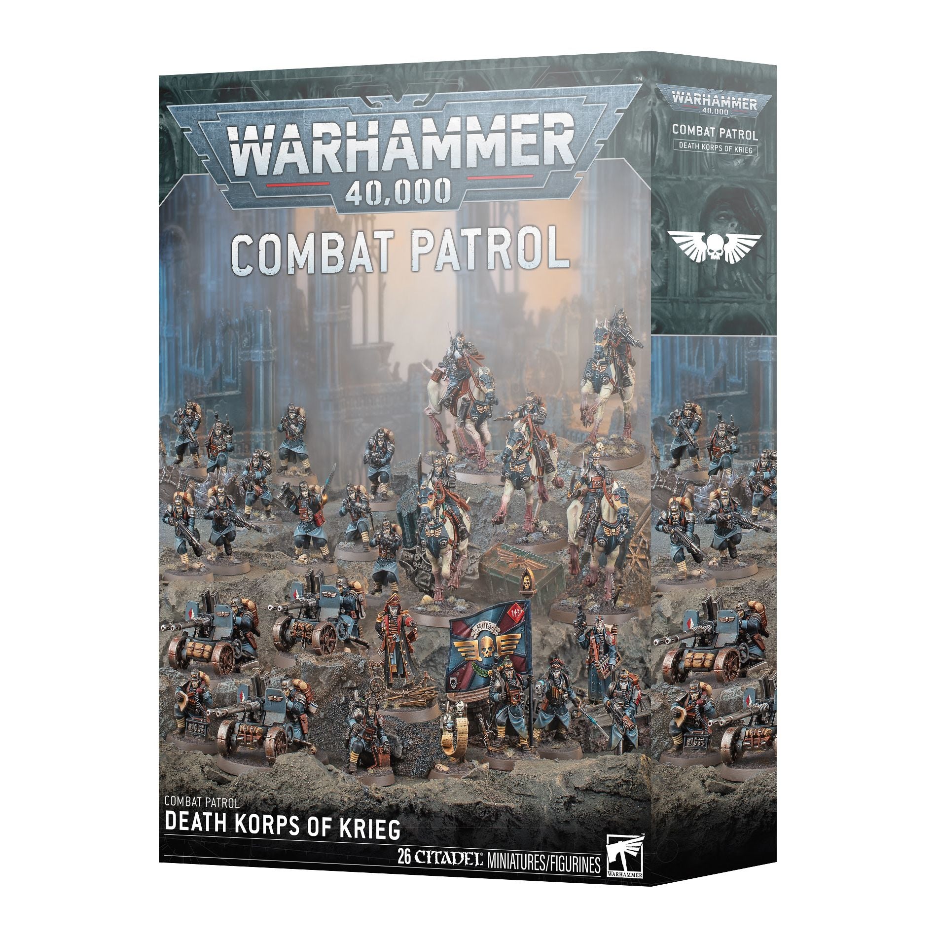Death Korps of Krieg soldiers from Combat Patrol by Games Workshop, showcasing detailed miniature models in military uniforms.