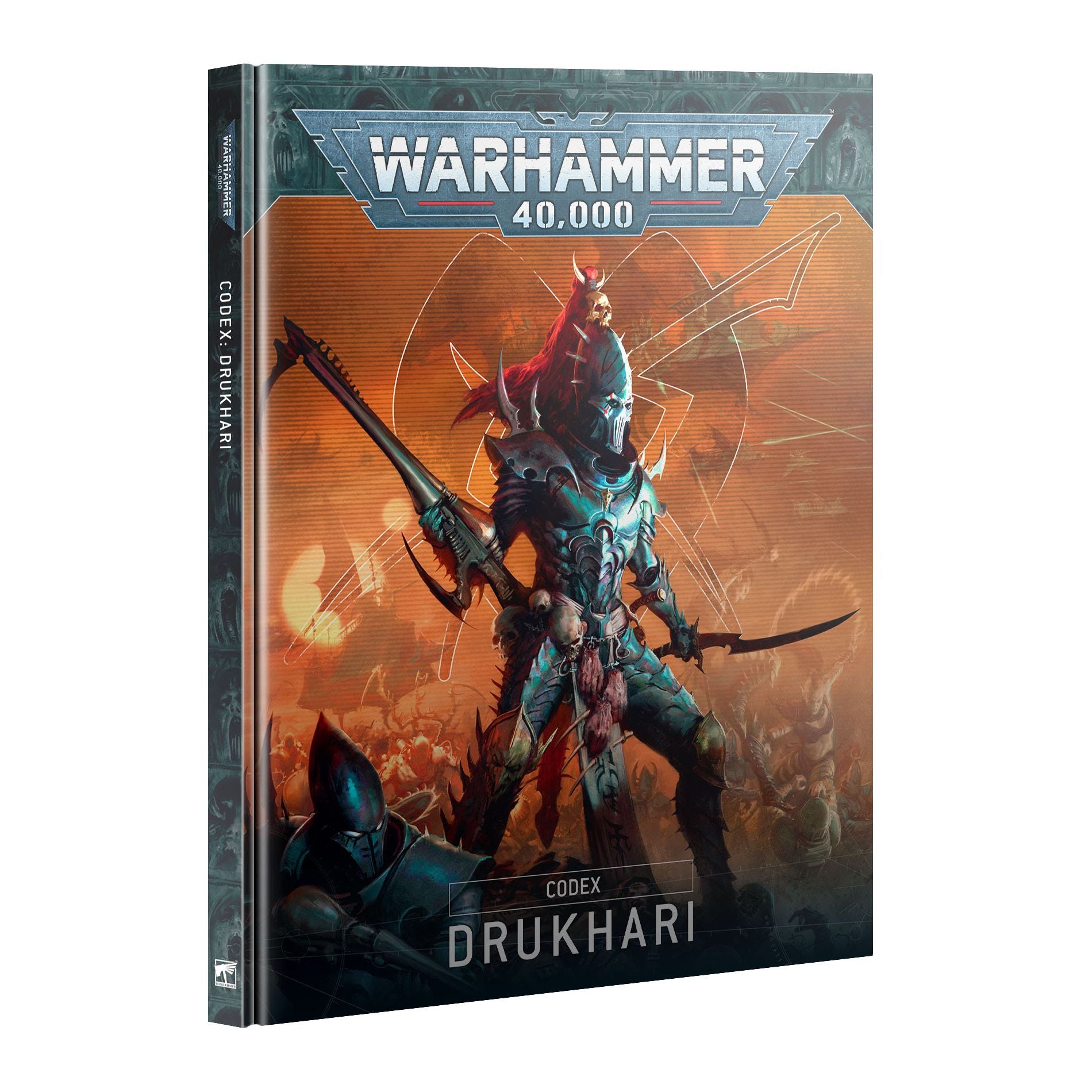 Close-up of a Codex: Drukhari Warhammer 40k book by Games Workshop, featuring detailed cover art and artwork.