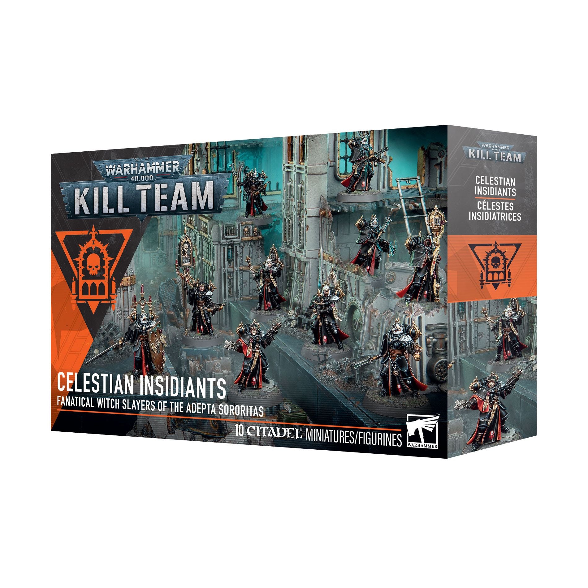 Close-up of Warhammer Kill Team Celestian Insidiants miniatures by Games Workshop, showing detailed armor and weaponry.