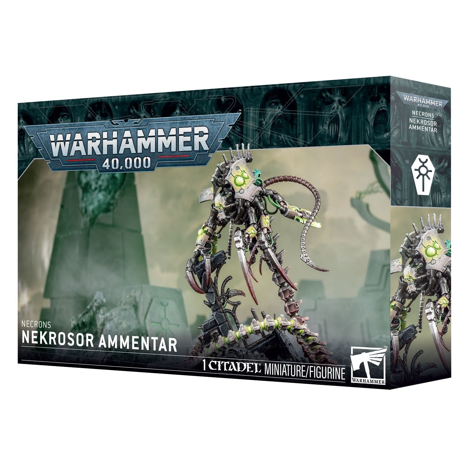 Necrons Nekrosor Ammentar from Games Workshop, detailed miniature with metallic and glowing green accents, on a display base.