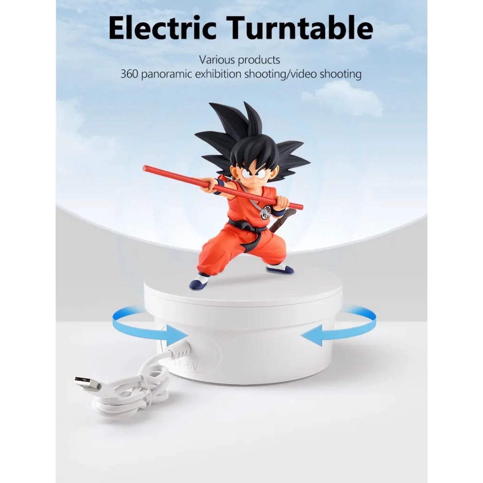 Miniatures 360° electronic display turntable with figure, USB powered, ideal for panoramic shooting.