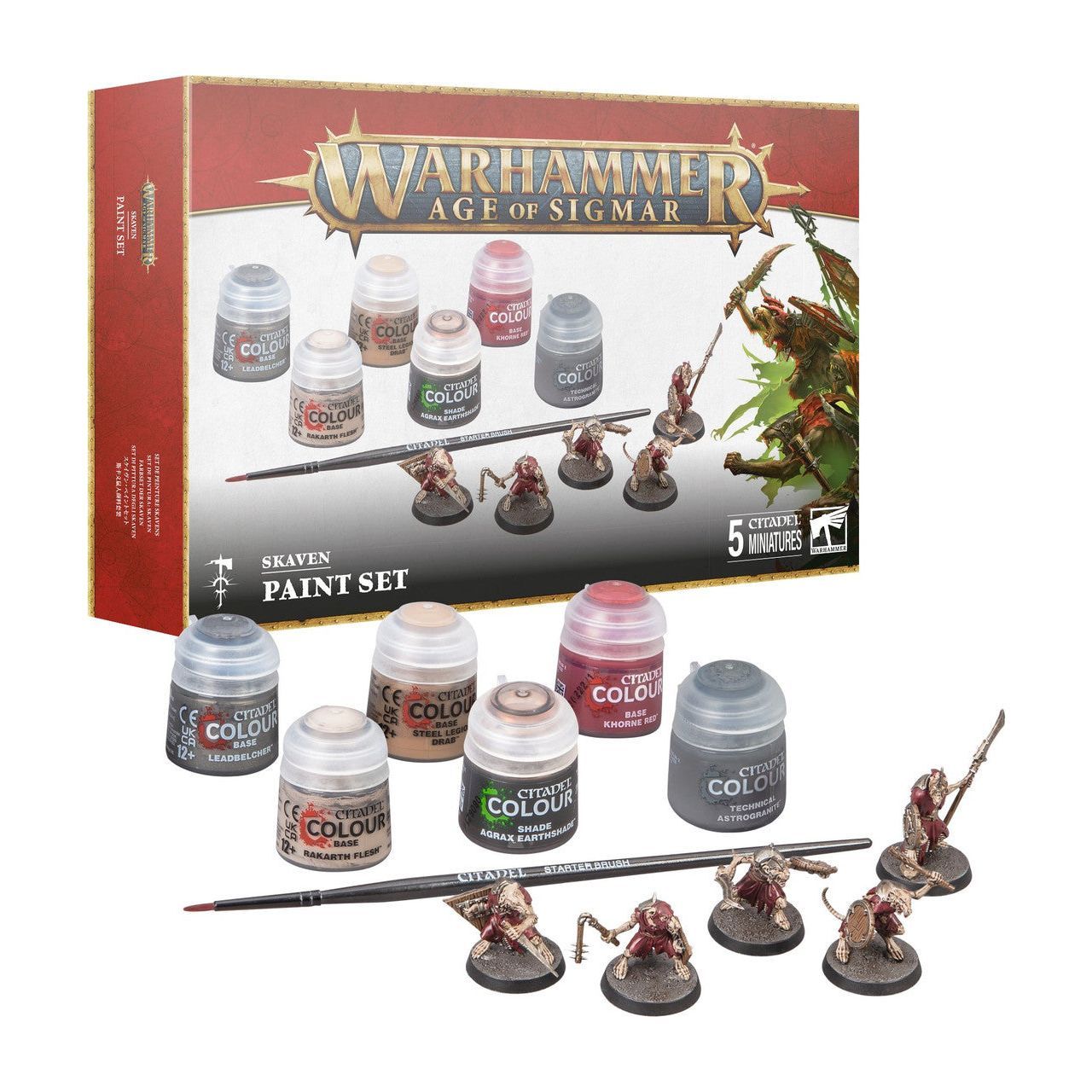 Age of Sigmar: Skaven Paint Set with miniatures and colors.