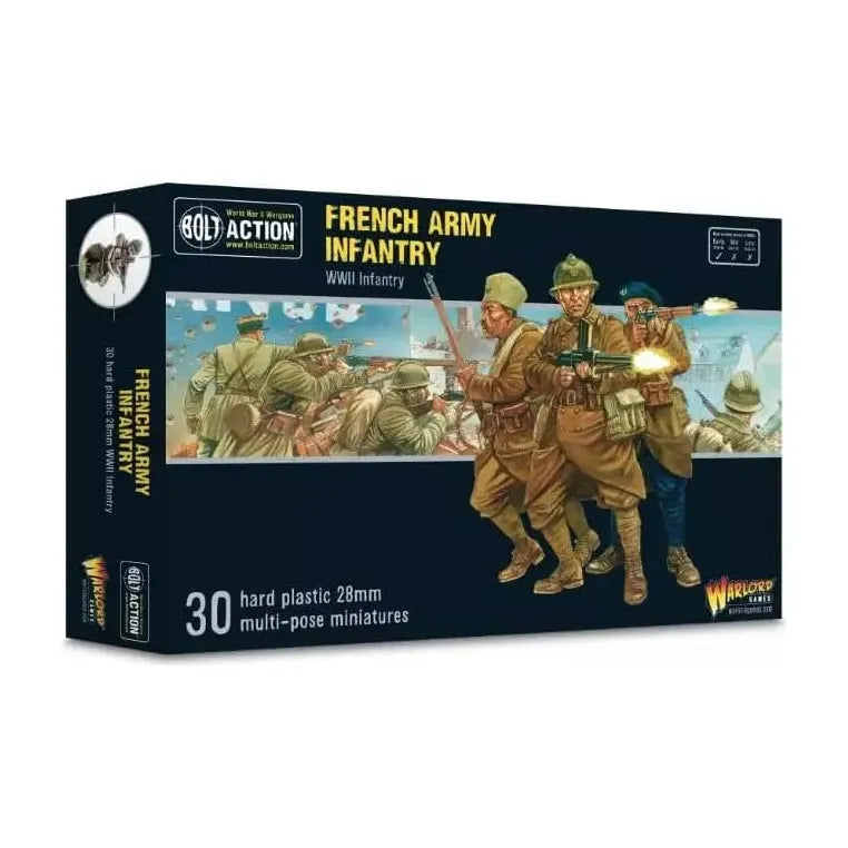 French Army Infantry Bolt Action game box with 30 unassembled miniatures.