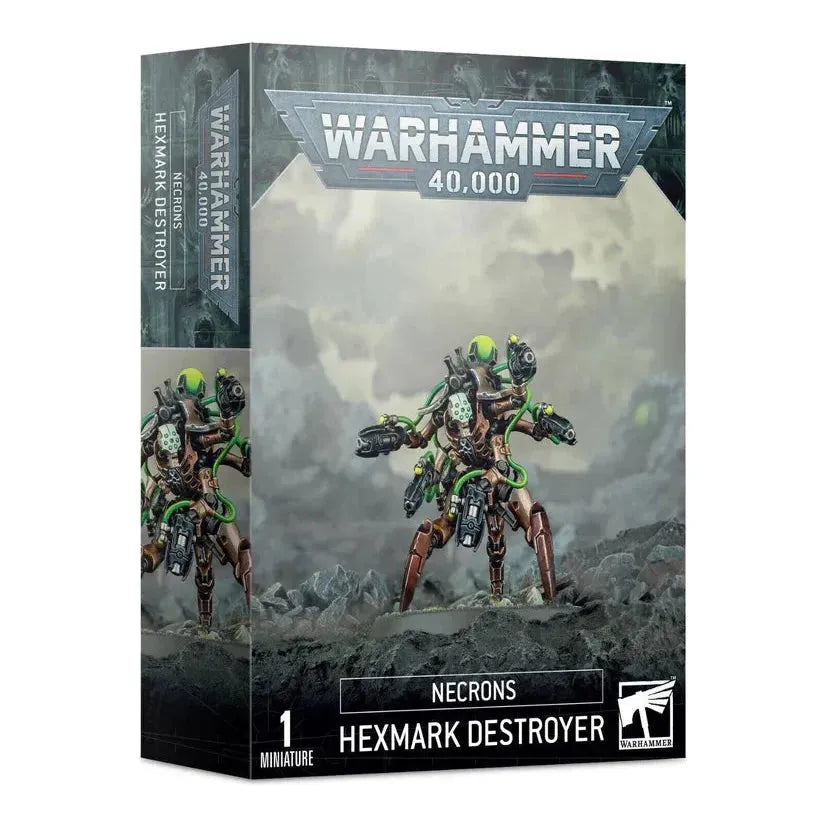 Hexmark Destroyer Necrons model kit with six pistols and two head options.