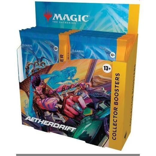 Magic the Gathering CCG: Aetherdrift Collector Booster Display box with cards.