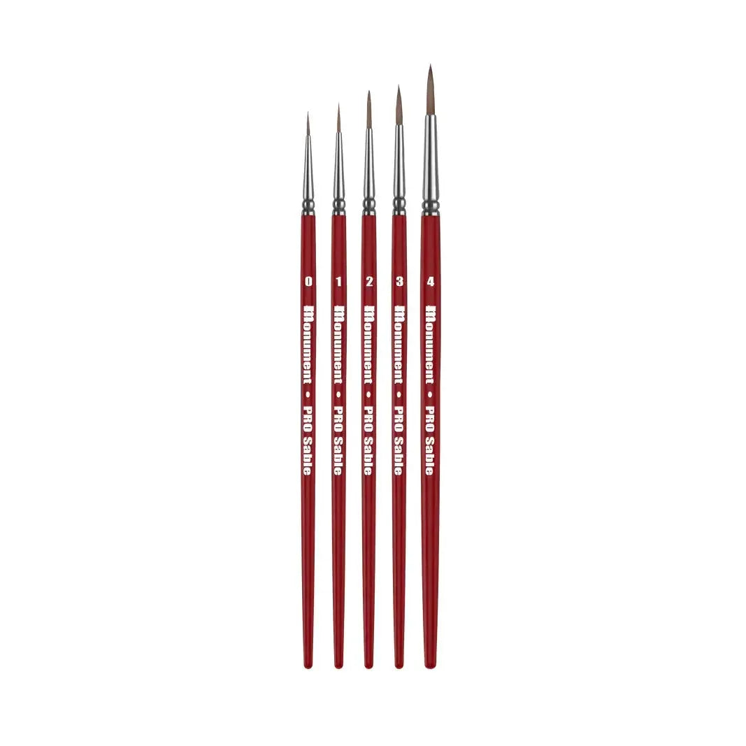 Monument Hobbies Pro Sable Brush Set with five round sizes for fine detailing.