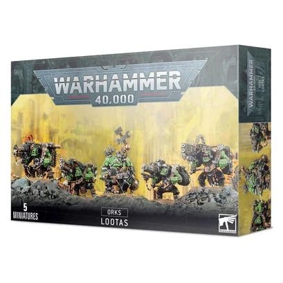 Warhammer 40000 Orks Lootas Burna Boyz boxed set with models and components.