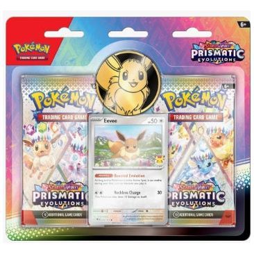 Prismatic Evolutions 2-Pack Blister featuring Eevee foil card, metallic coin, and booster packs.