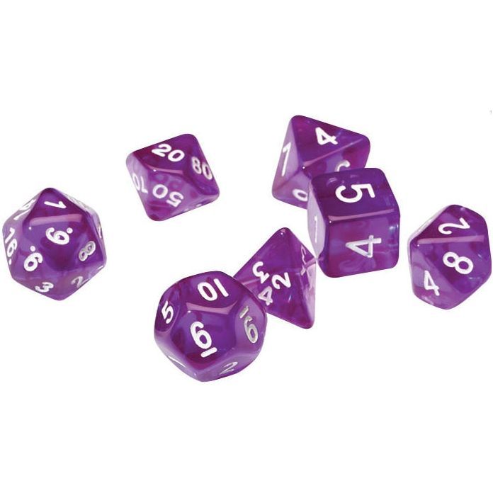 Translucent purple RPG dice set of 7 for tabletop gaming.
