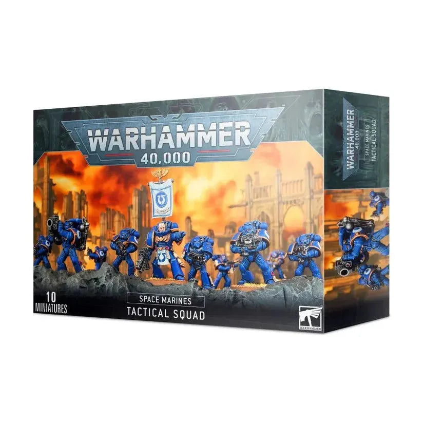 Space Marine Tactical Squad box set with 10 miniatures and transfer sheets.