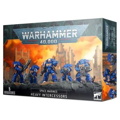 Warhammer 40000 Space Marines Heavy Intercessors box set with miniatures and accessories.