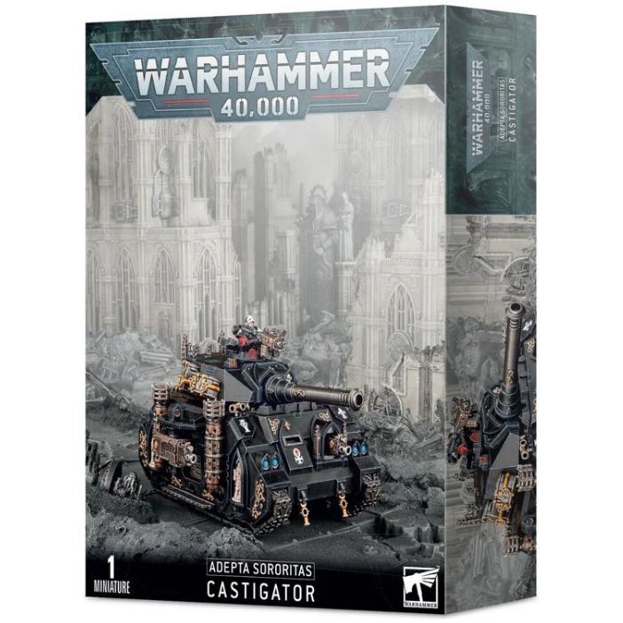 Warhammer 40000 Adepta Sororitas Castigator tank model kit packaging.