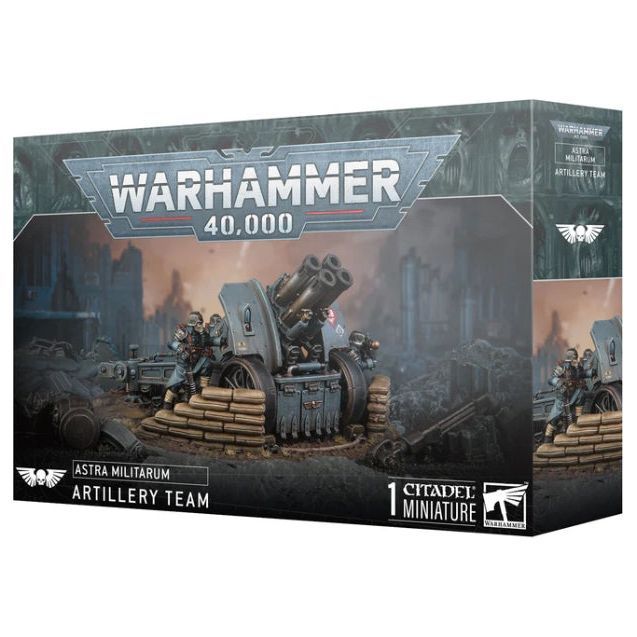 Warhammer 40000 Krieg Artillery Team model kit with components and crew.