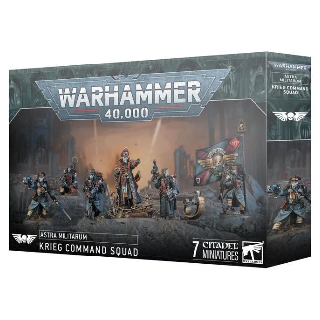 Warhammer 40000 Astra Militarum Krieg Command Squad box set with miniatures and accessories.