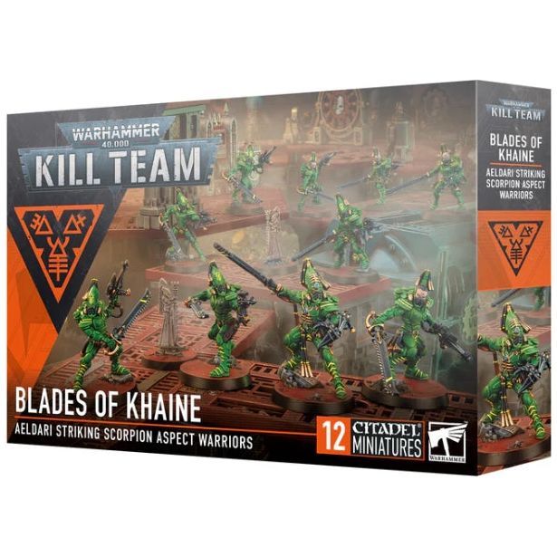 Warhammer 40000 Kill Team Blades of Khaine 2024 box set with Striking Scorpion Aspect Warriors miniatures.