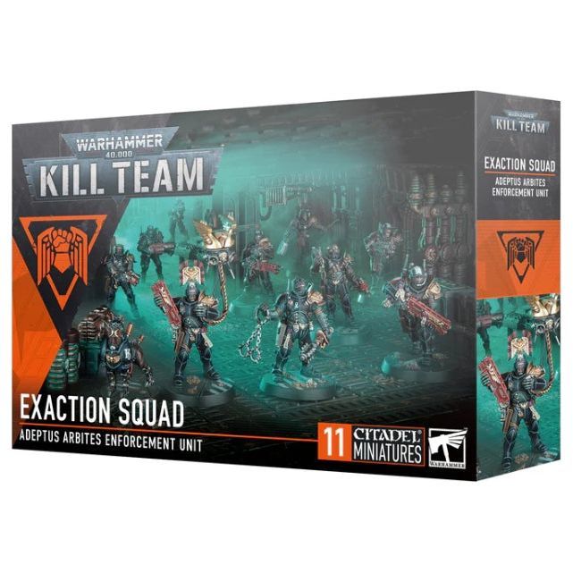 Warhammer 40000: Kill Team Exaction Squad 2024 box set featuring Adeptus Arbites miniatures and accessories.