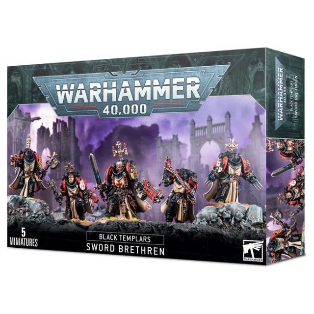 Warhammer 40000 Sword Brethren Black Templars box set with five miniatures and Citadel bases.