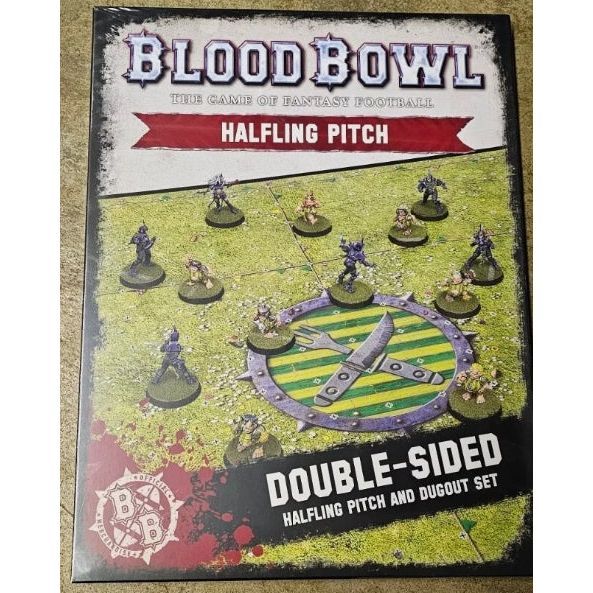 Warhammer Blood Bowl Halfling Pitch & Dugouts Set box with miniatures.