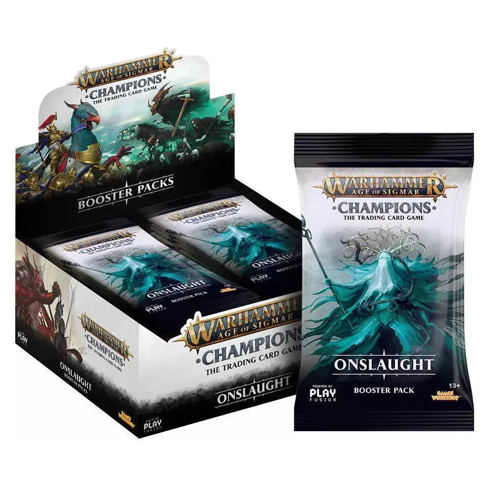 Warhammer TCG Age of Sigmar Champions Onslaught single pack with 13 augmented reality trading cards.
