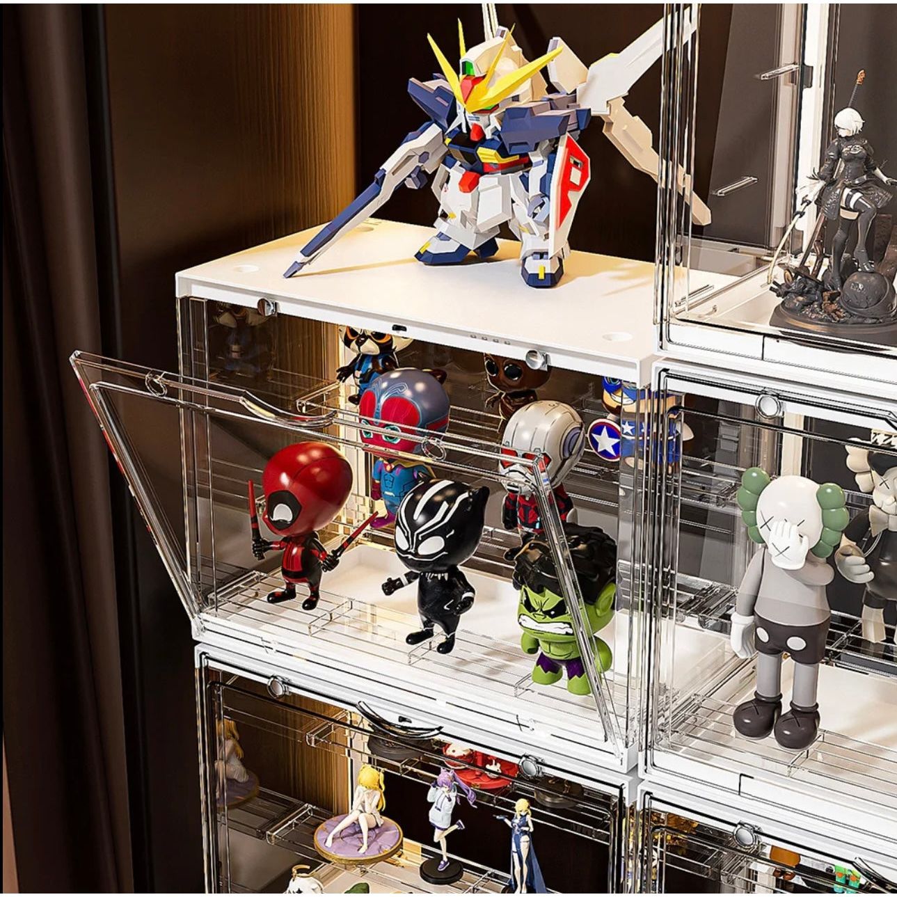 Action figure acrylic display case with LED light showcasing various figures.