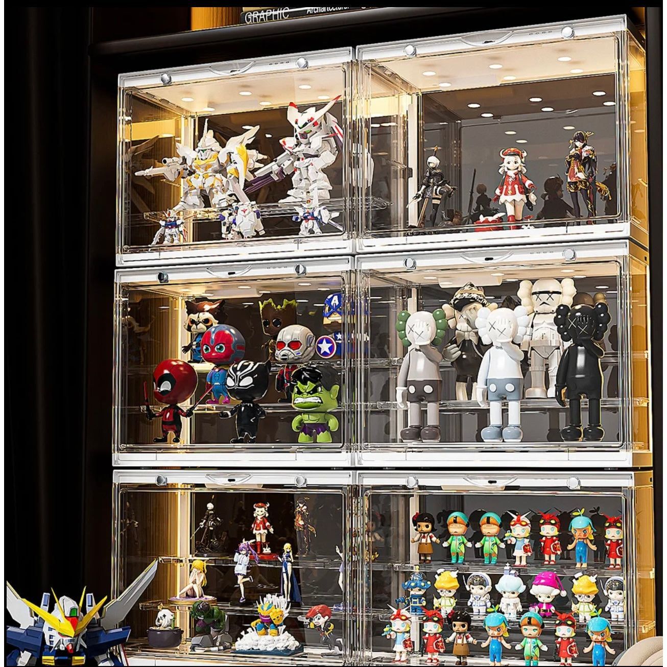 Acrylic action figure display case with LED lighting, showcasing collectibles.